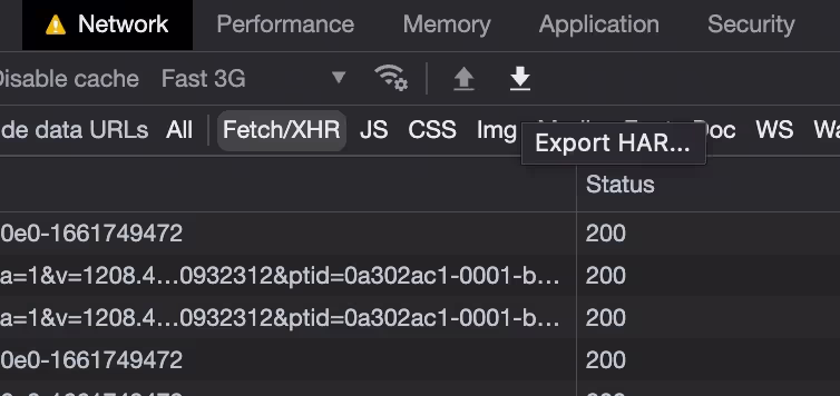 Export HAR button highlighted in the Chrome DevTools Network tab toolbar