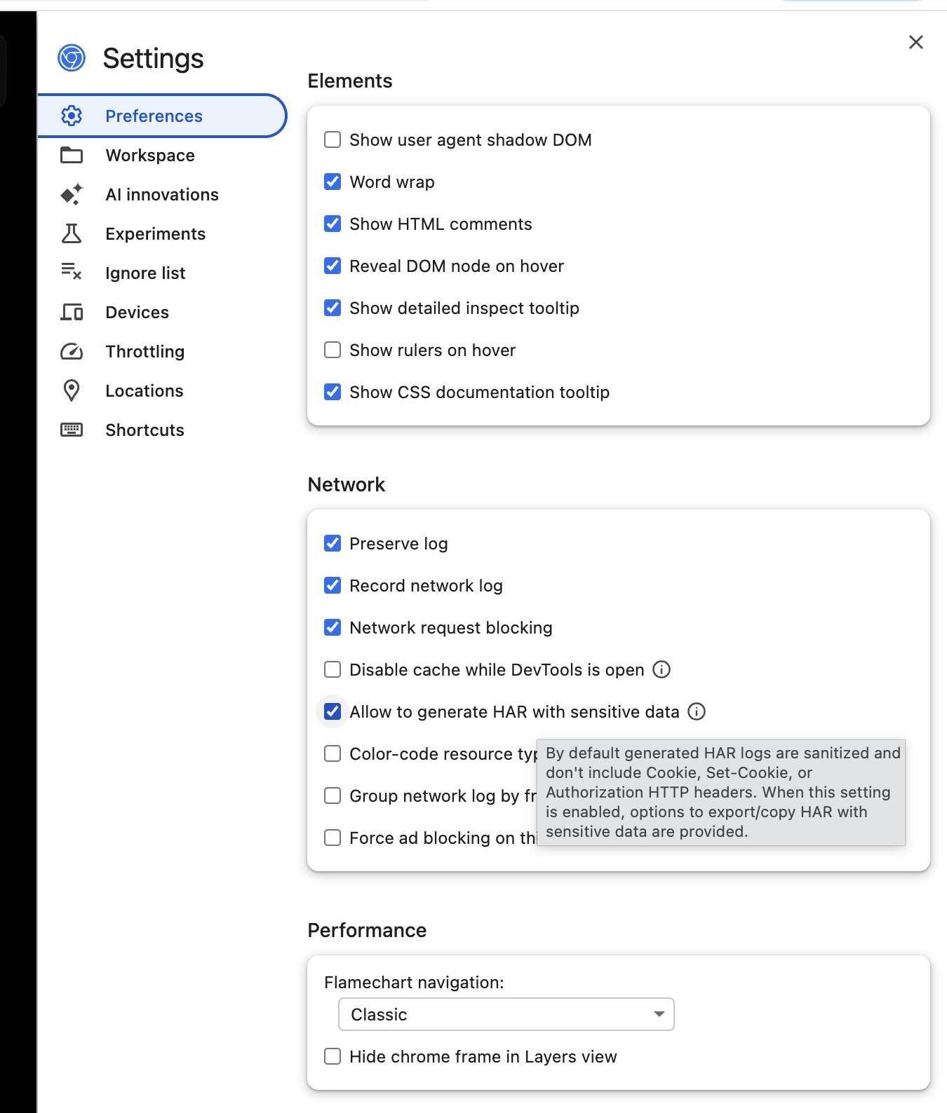Chrome DevTools preference to allow generating HAR files with sensitive data